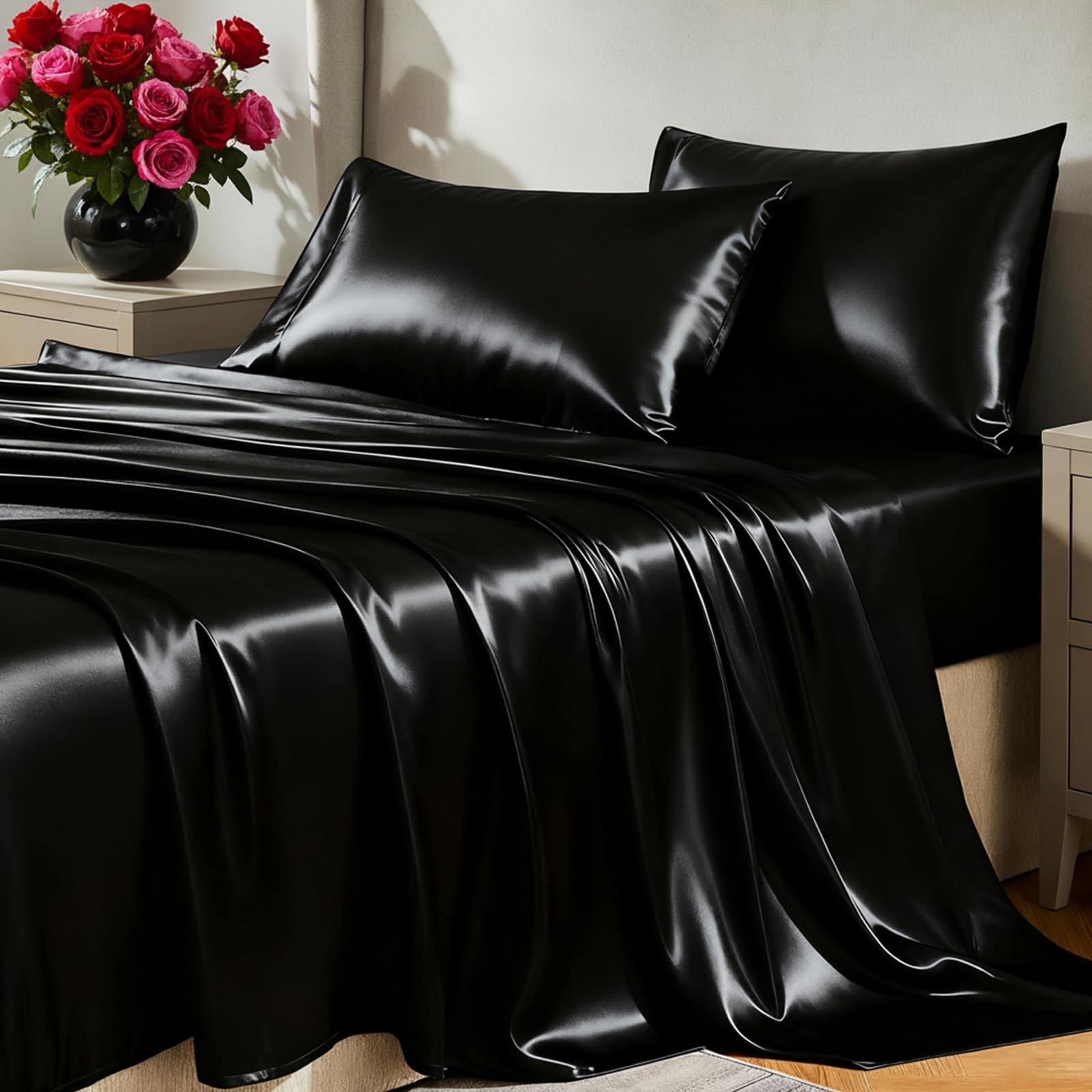 Amazon｜CozyLux サテンシーツ クイーンサイズベッドセット - シルキー
